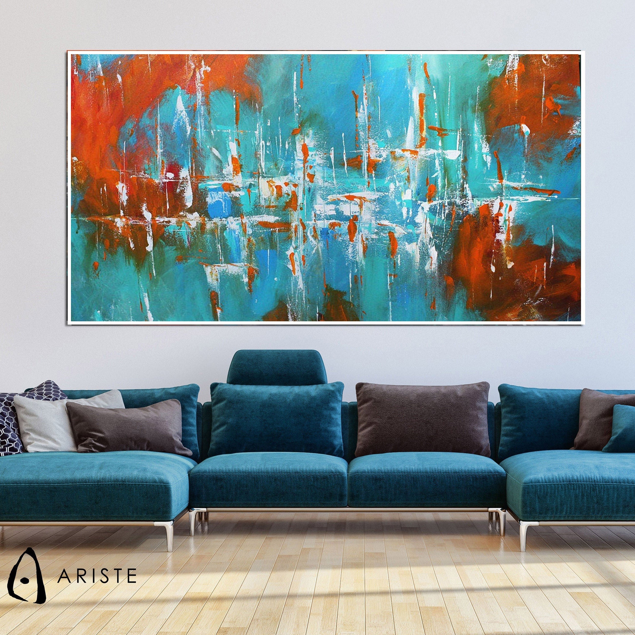 Blue Teal Oversized Abstract Seascape Wall Art Made To Order Oversizedwallart
