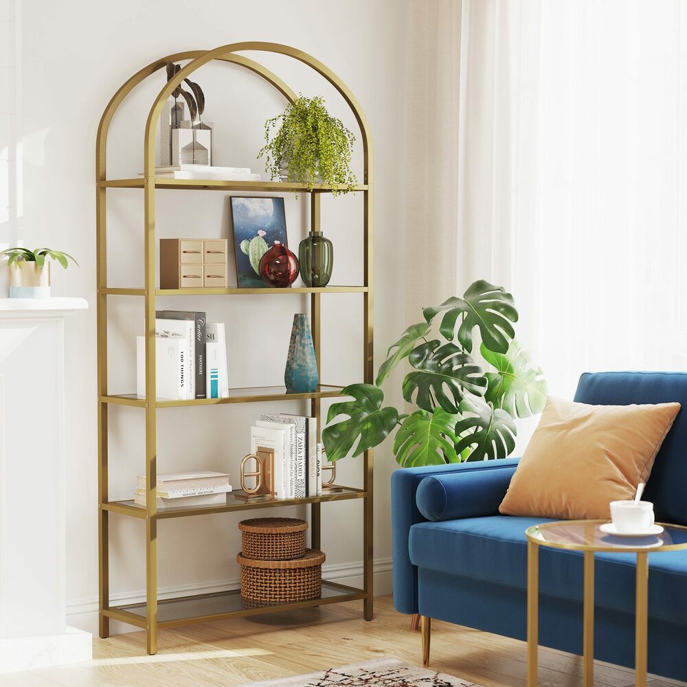 Vasagle Bookshelf 5 Tier Tempered Glass With Gold Metal Frame Oz Things