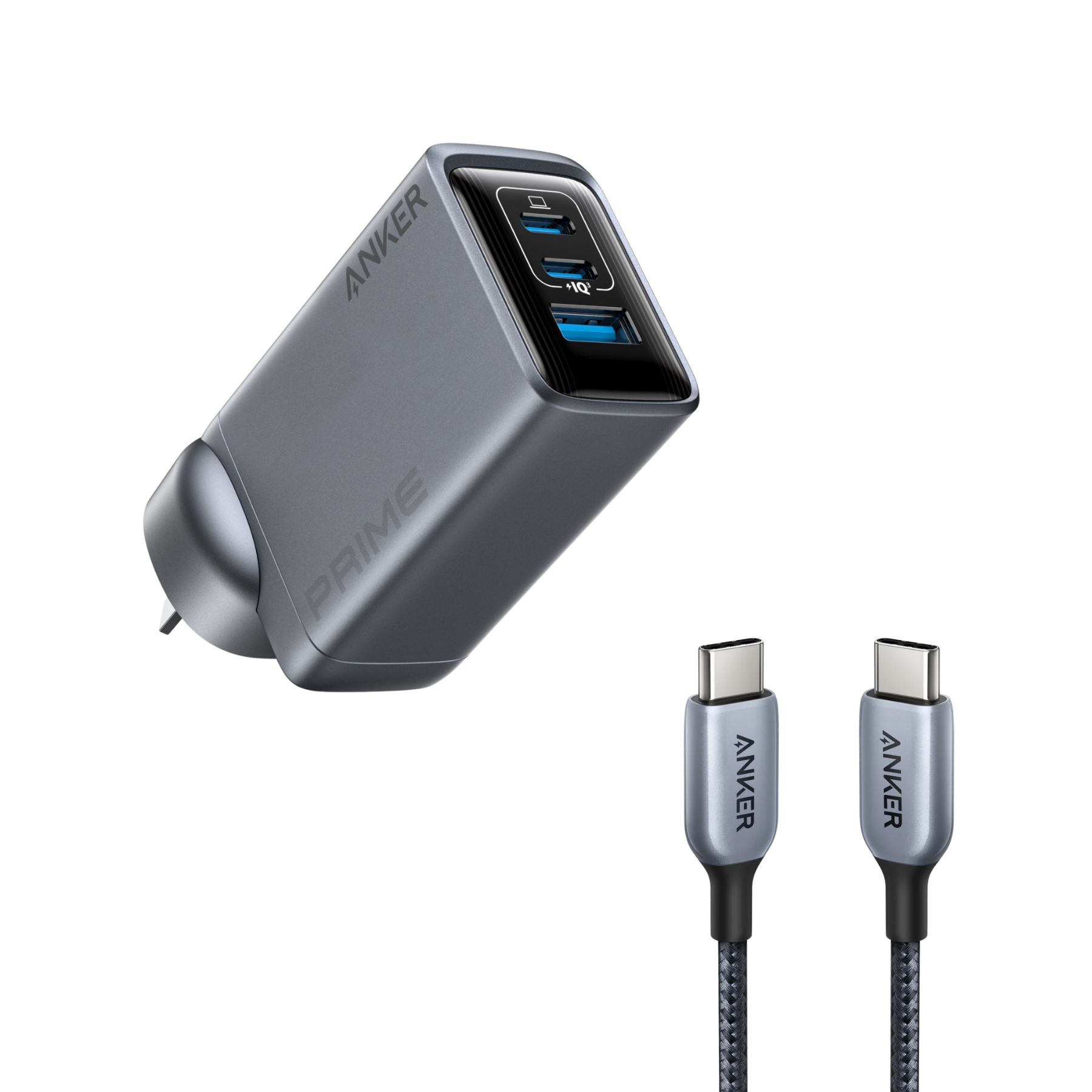 Anker Prime Charger (100W, 3 Ports, GaN) and Anker 765 USB-C to USB-C Cable (140W Nylon,183cm)