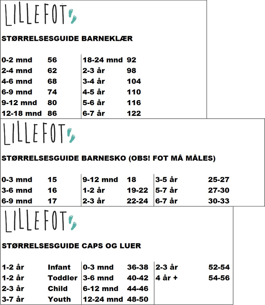 Storrelsesguide Barn Barnesko Barneklaer Caps Luer Lillefot
