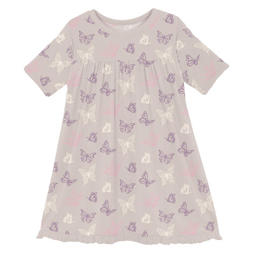 Bamboo Classic Short Sleeve Swing Dress - Latte Butterflies