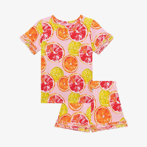 Girl's Short Sleeve Micro Ruffled T-Shirt & Micro Ruffled Shorts Pajama Set - Citrine (Citrus Fruits)
