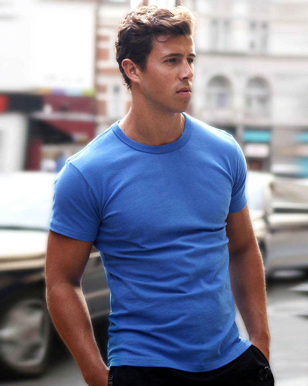 Men S Light Blue Crew Neck Fitted Plain T Shirt Muscle Fit Basics