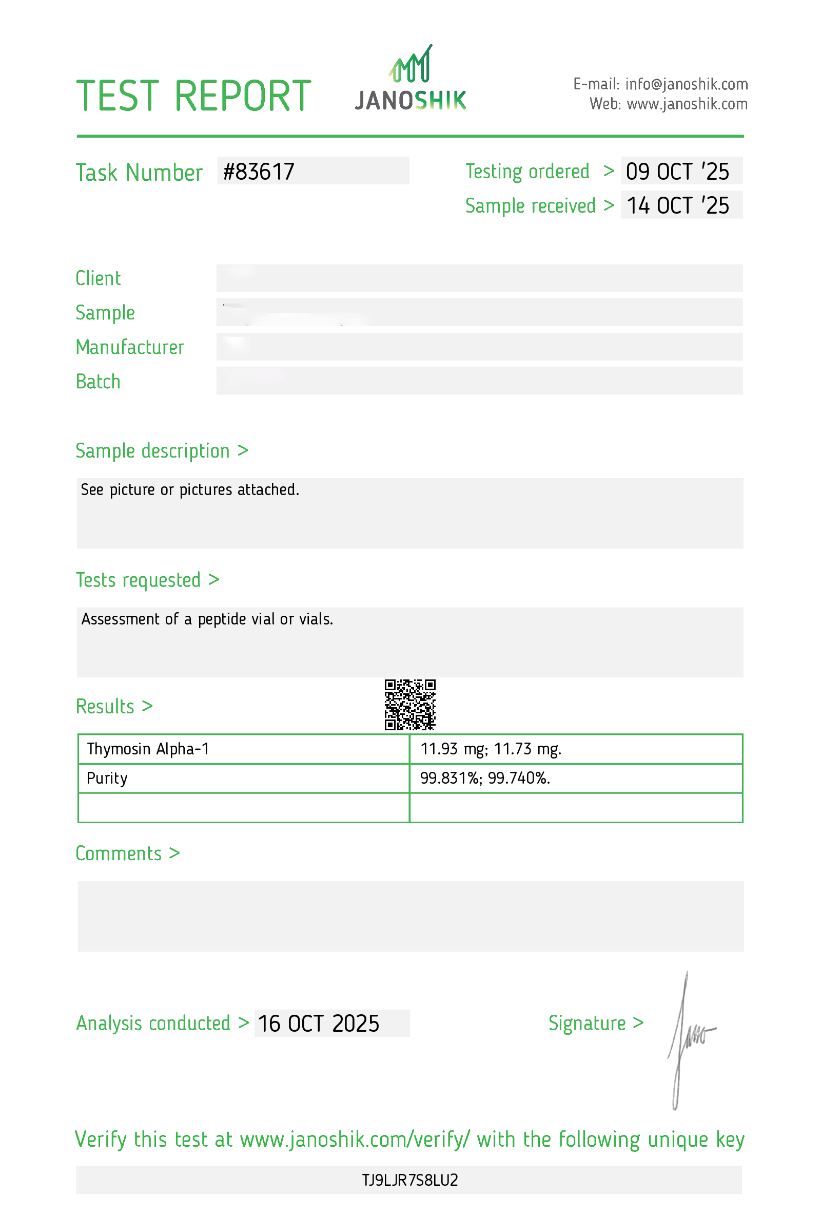 Purity & Content Test Report Example