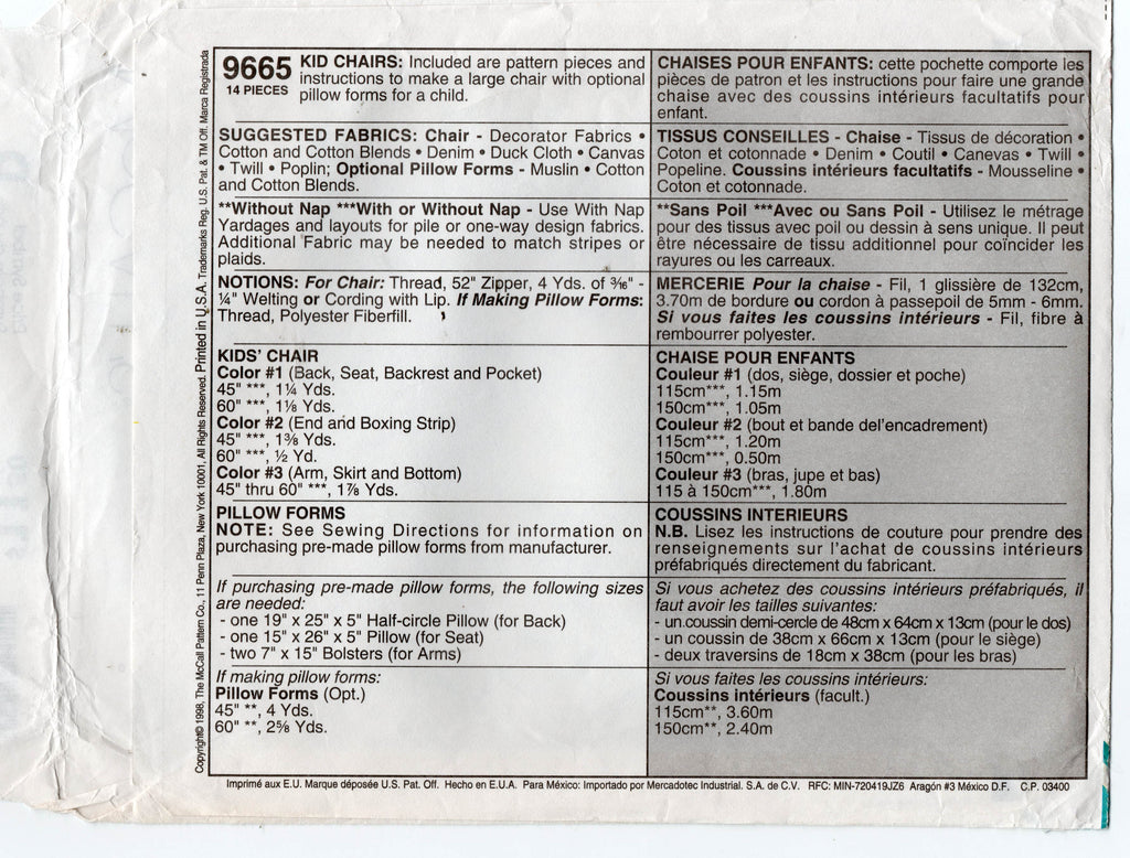 Mccall S 9665 Kids Sofa Chairs 1990s Vintage Sewing Pattern Uncut Fact