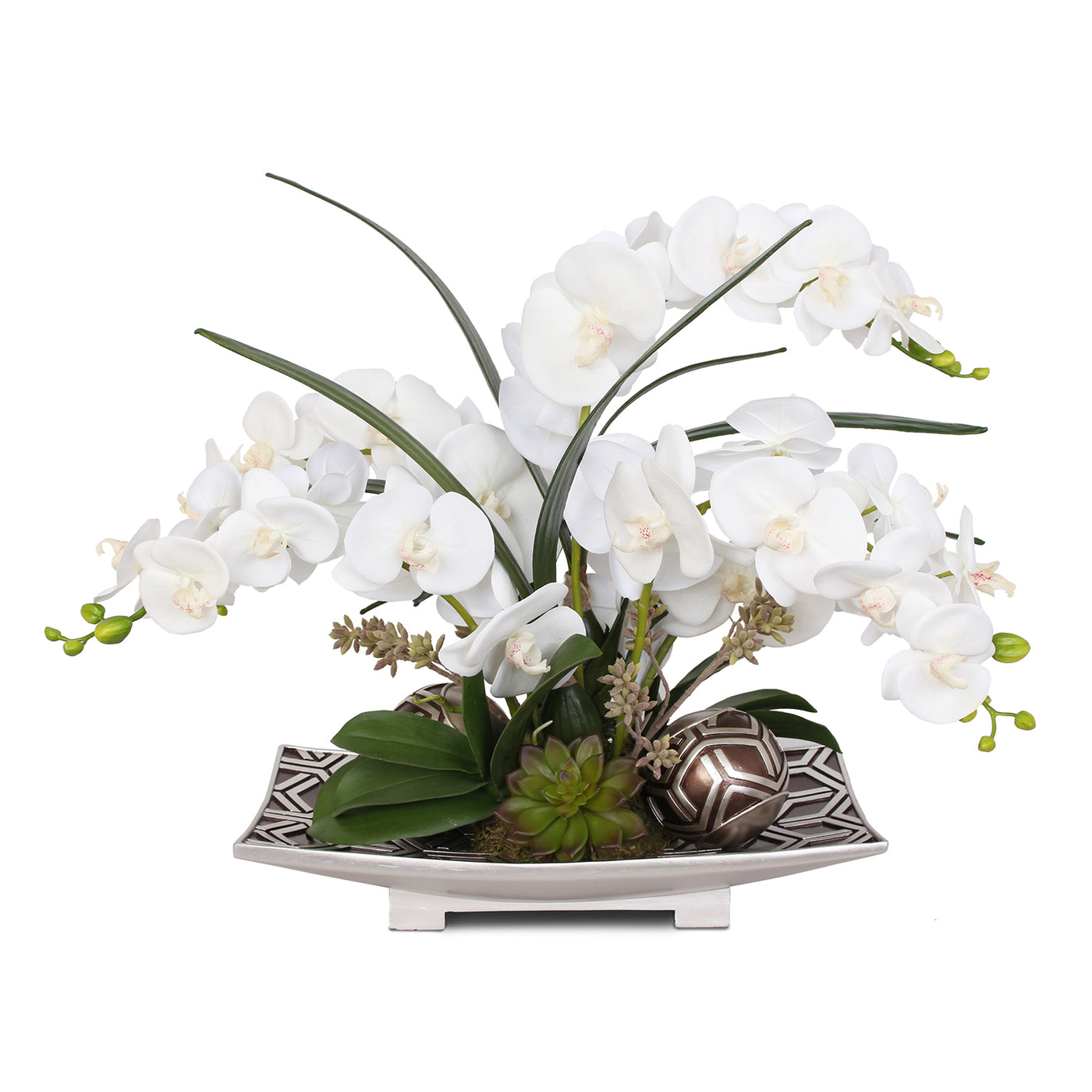 Real Touch White Silk Phalaenopsis Orchid And Faux Succulent With Deco Jenny Silks