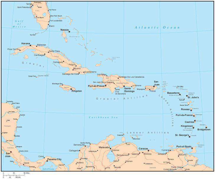 Single Color Caribbean Sea Map With Countries Major Cities