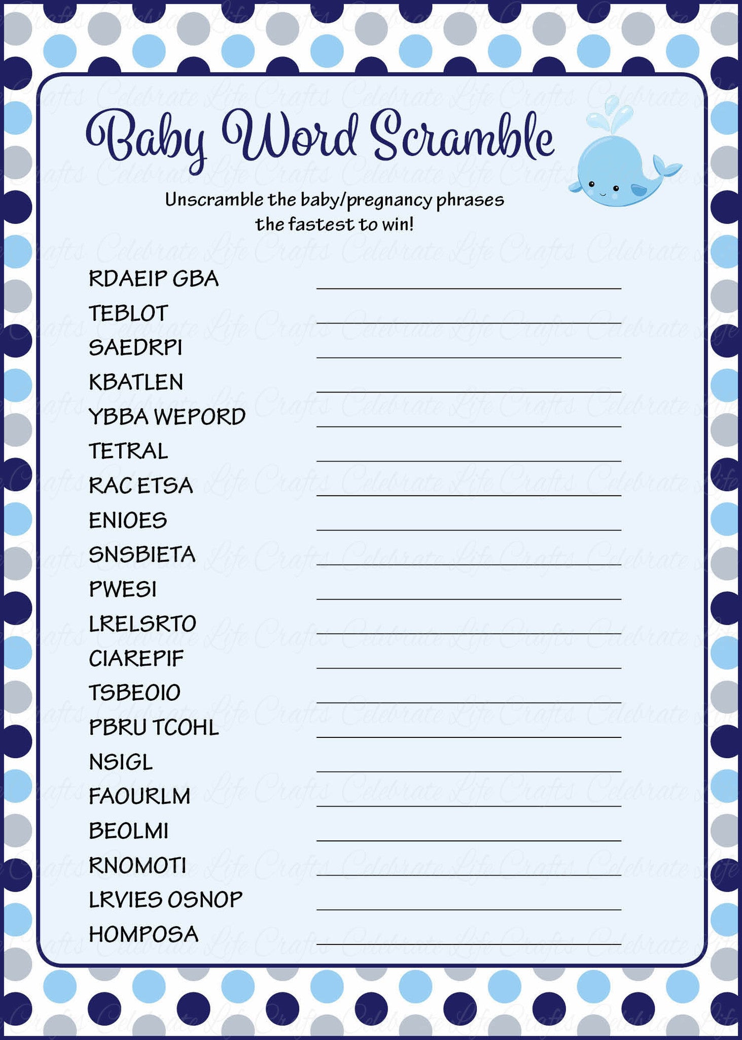 Word Scramble Baby Shower Game Whale Baby Shower Theme For Baby Boy Navy Gray Celebrate Life Crafts