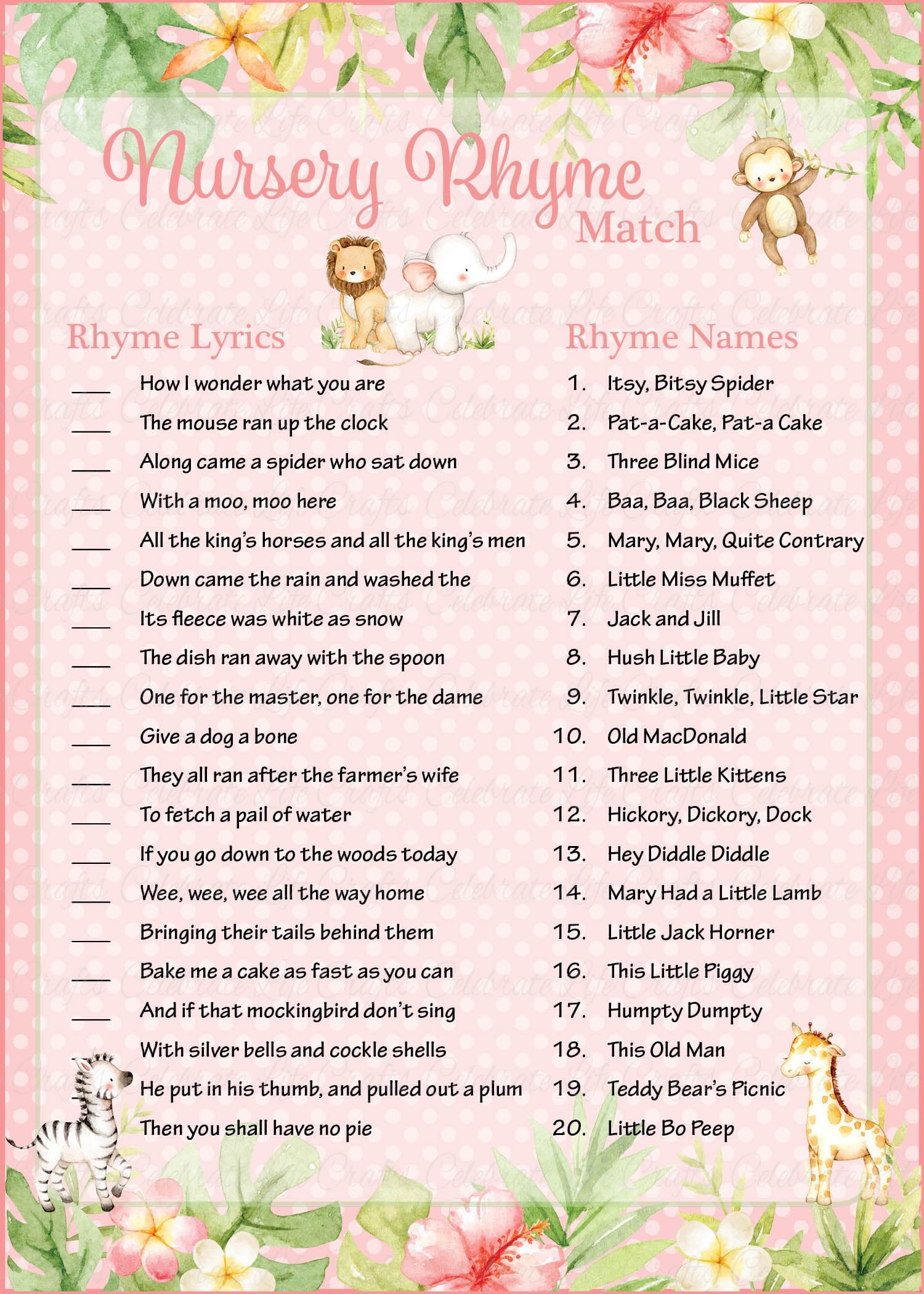 Nursery Rhyme Match Baby Shower Game Pink Safari Baby Shower Theme For Baby Girl Celebrate Life Crafts