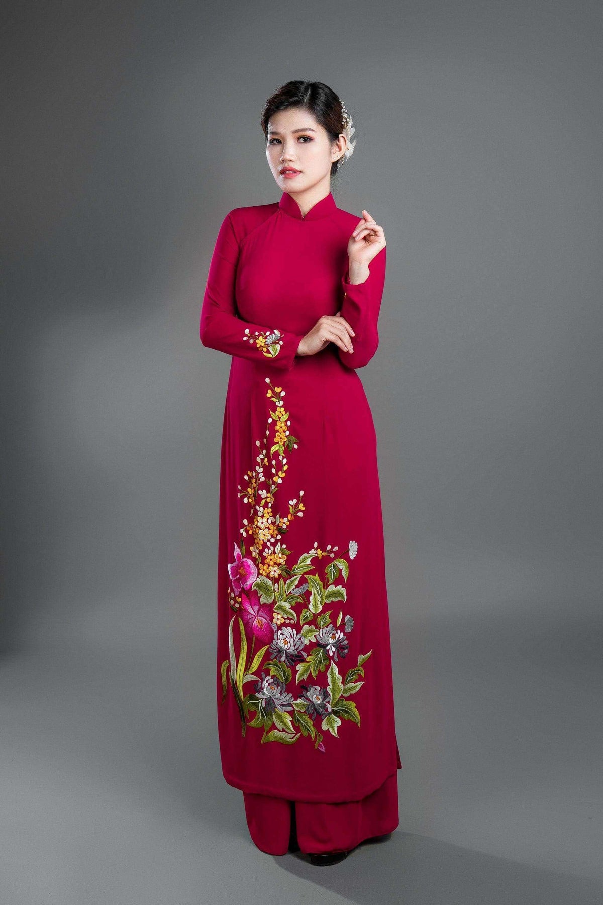 Custom Ao Dai Vietnamese Traditional Dress In Burgundy Silk With Stun Mark Vy Ao Dai