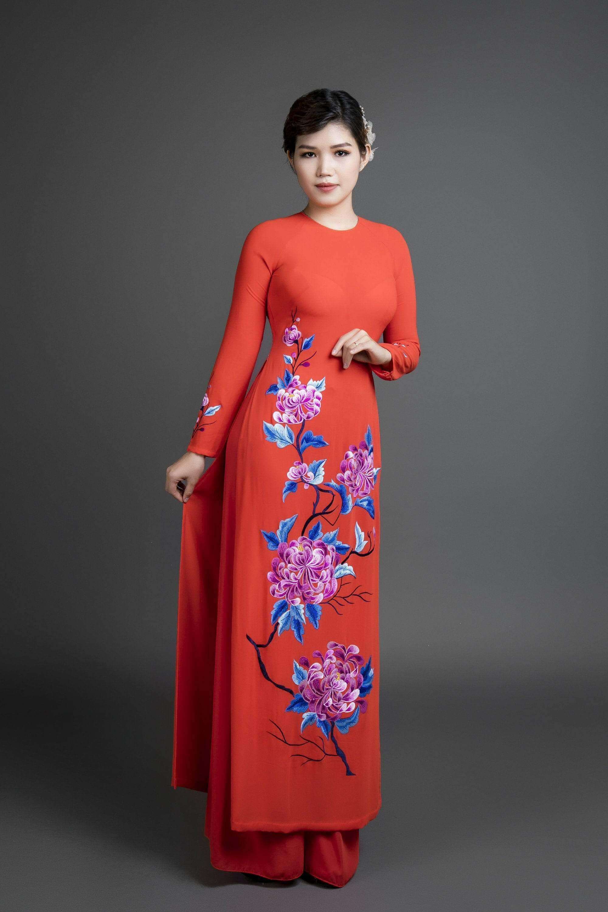 Women S Ao Dai Custom Vietnamese Traditional Dress In Orange Color With Beautiful Embroidered Chrysanthemum Motif Free Bespoke Fit Mark Vy Ao Dai Reviews On Judge Me