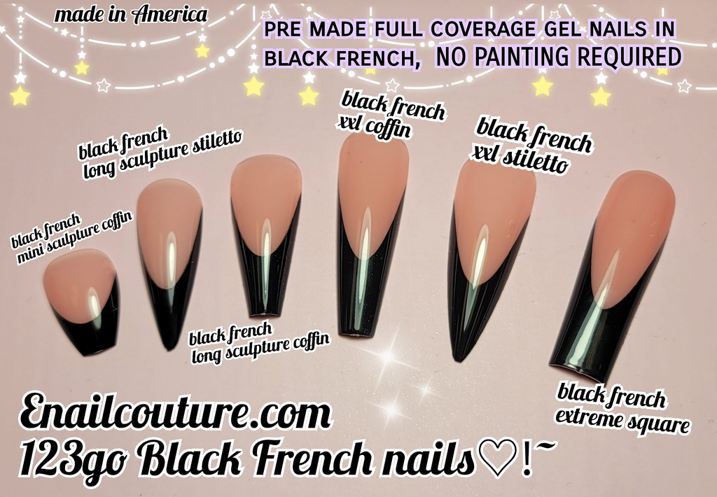 Black French 123 Go Nails Pre Made Full Coverage Gel Nail Tips Ful Enailcouture