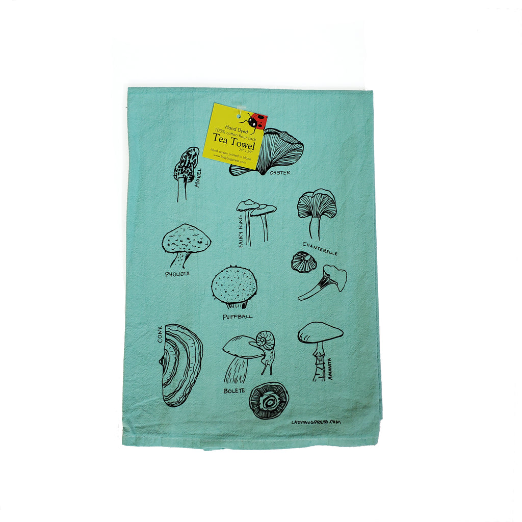 Dyed Mushroom Tea Towel Screen Printed Flour Sack Towel Ladybug Press