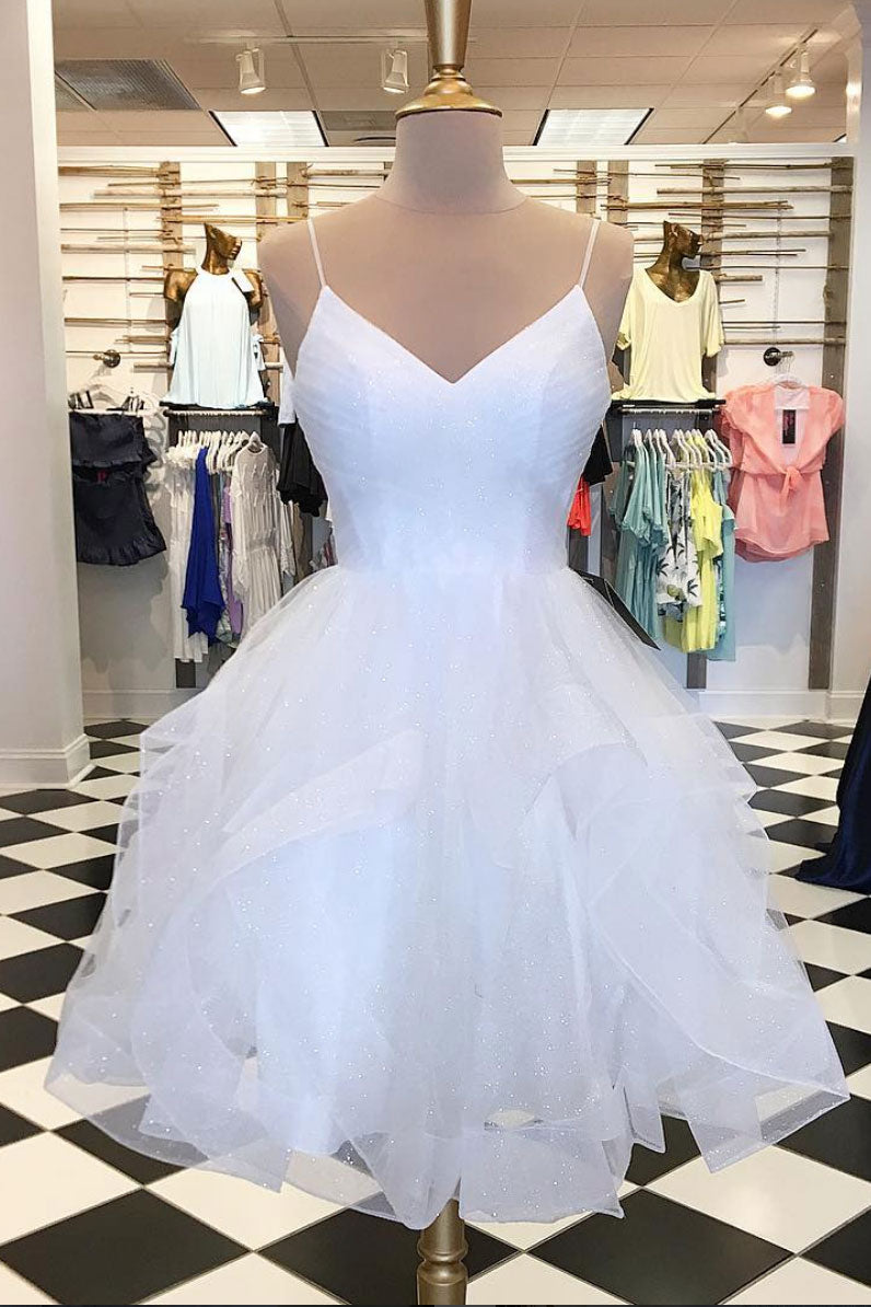 White V Neck Tulle Short Prom Dress White Homecoming Dress Dresstby