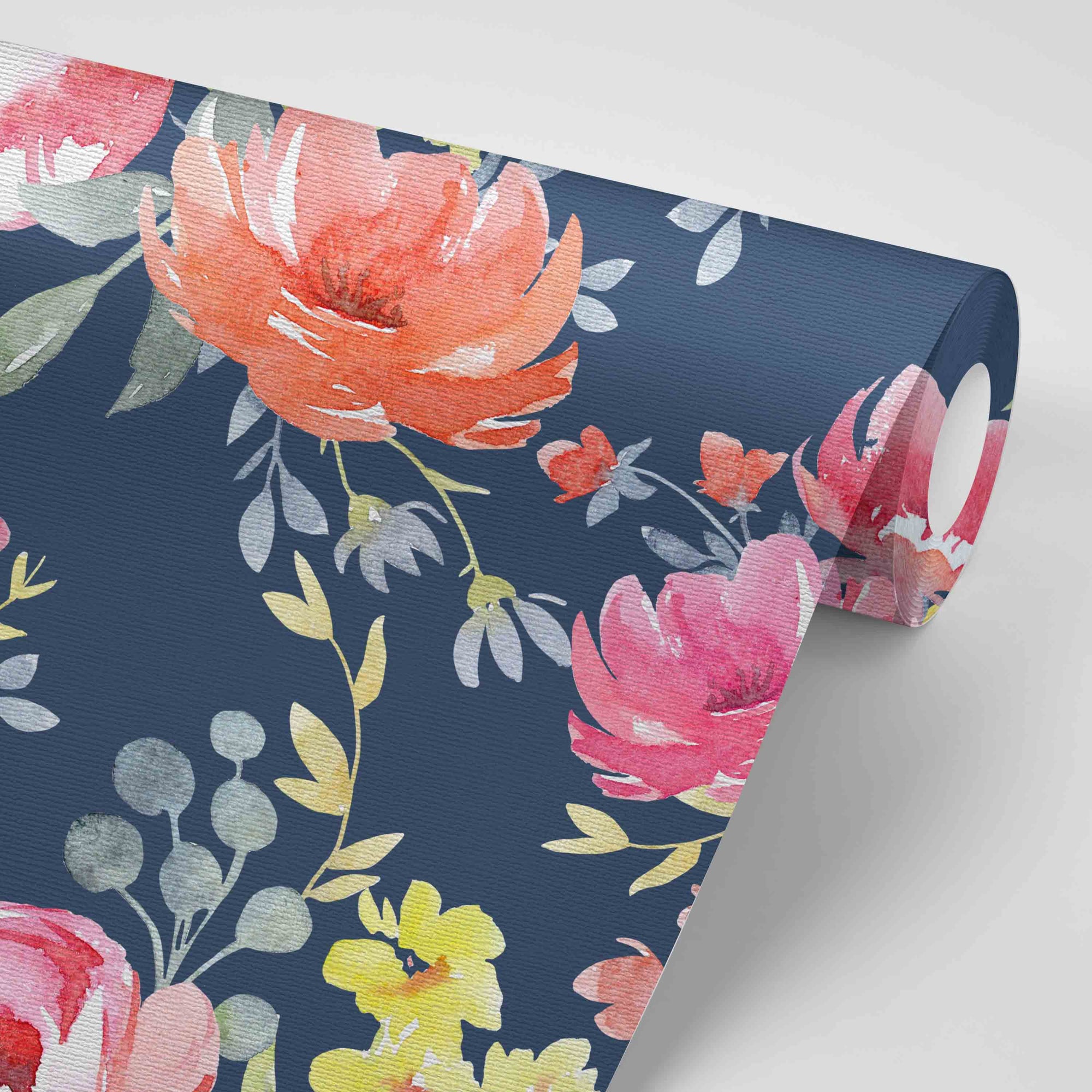 Peel-and-Stick Removable Wallpaper Midnight Floral Blue Navy Flower Garden