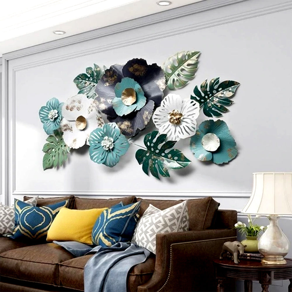 Blue White Wild Large Floral Metal Wall Art Wallmantra