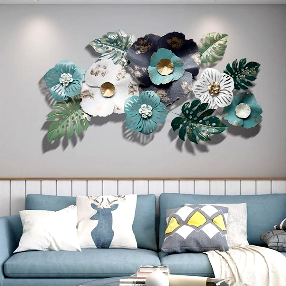 Blue White Wild Large Floral Metal Wall Art Wallmantra