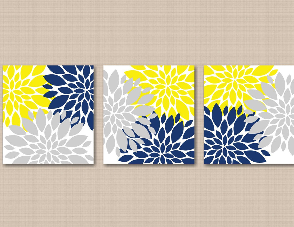 Yellow Navy Blue Gray Floral Wall Art Flowers Burst Bedroom Wall Decor Sweet Blooms Decor