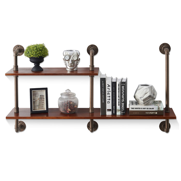 Mcombo Industrial Pipe Shelves 2 Tier Wall Mounted Solid Wood Shelf Ru Mcombo