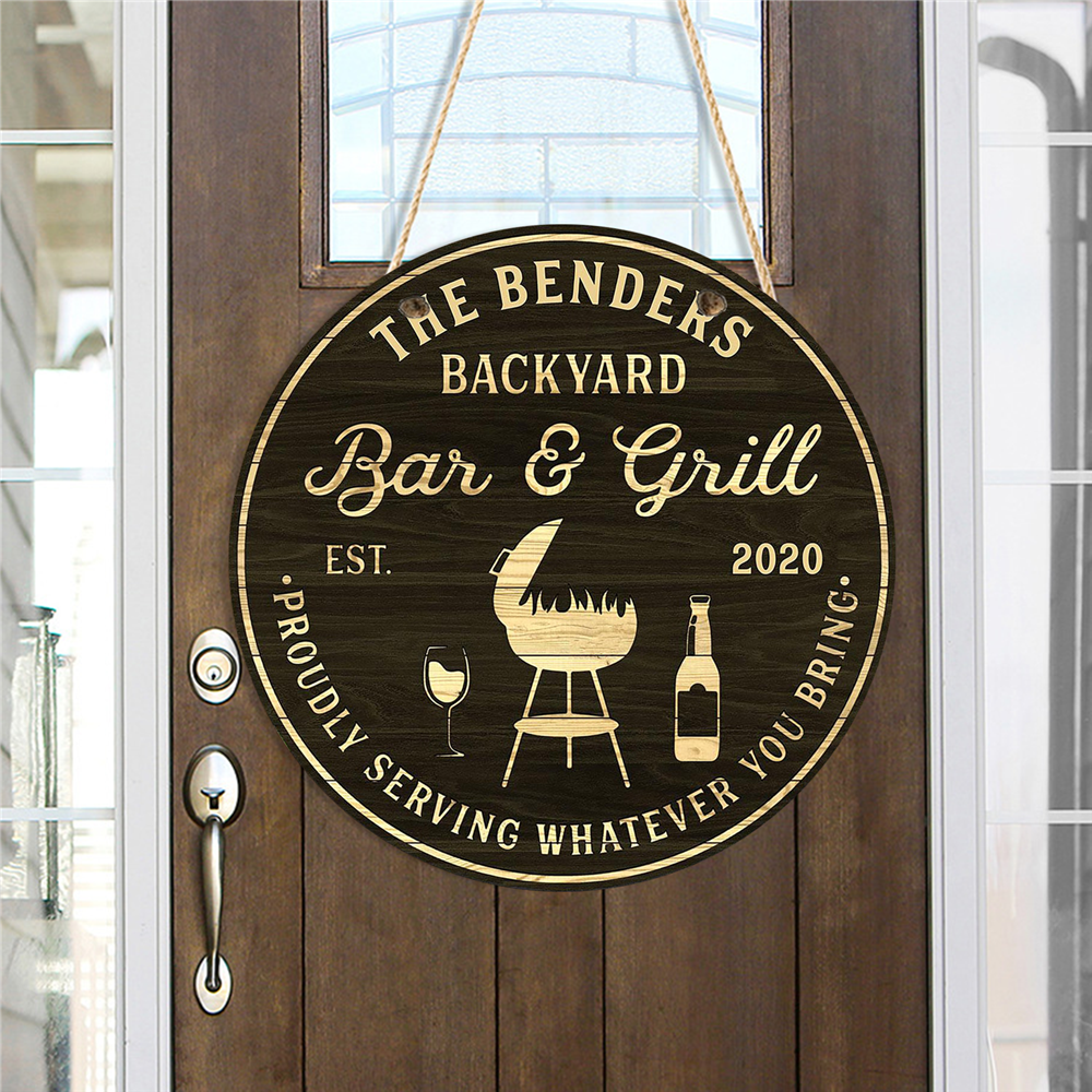 Personalized Round Wooden Backyard Bar Grill Sign Not Carved The Beer Lodge
