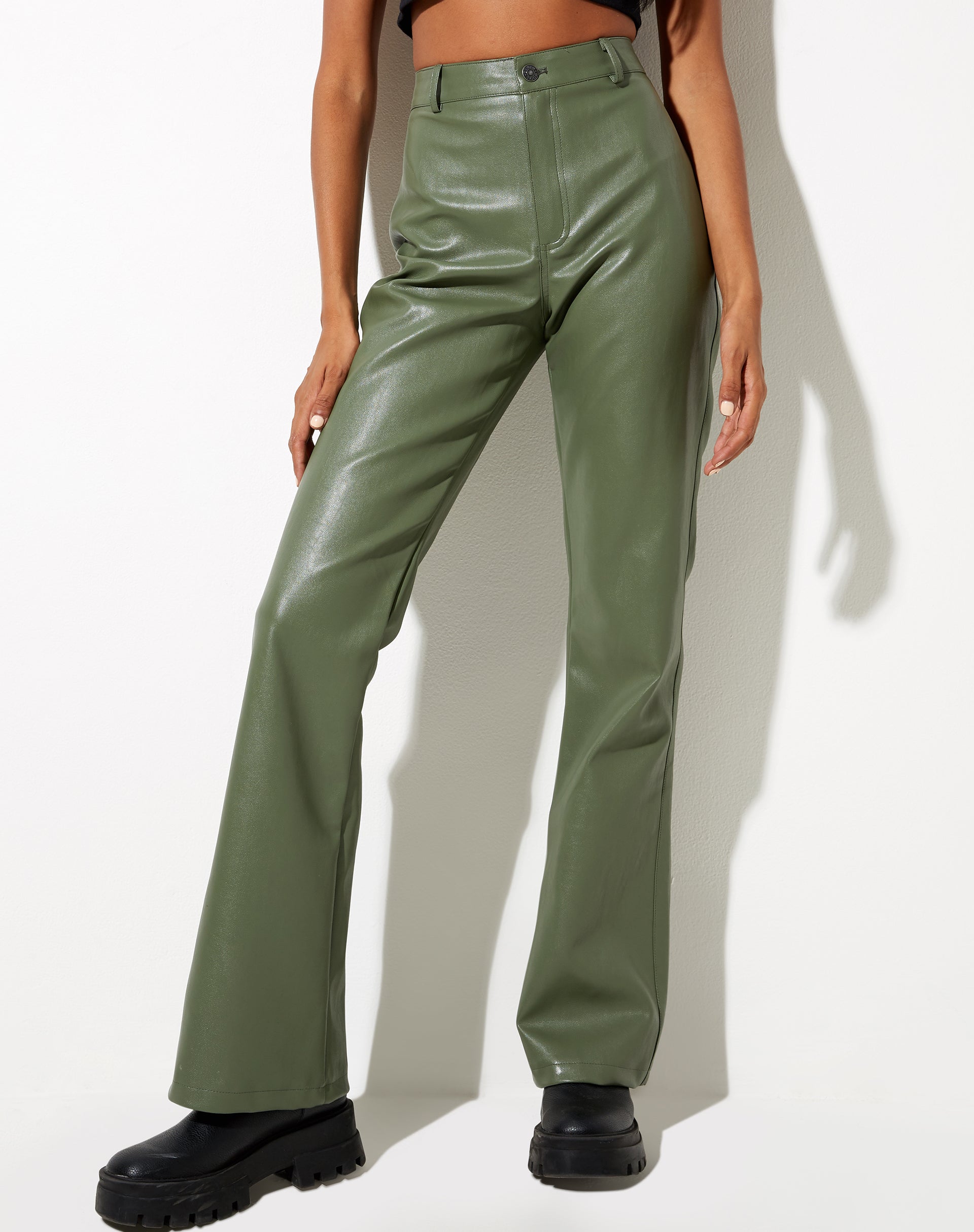 High Waist Green Faux Leather Flare Trouser Zoven Motelrocks Com