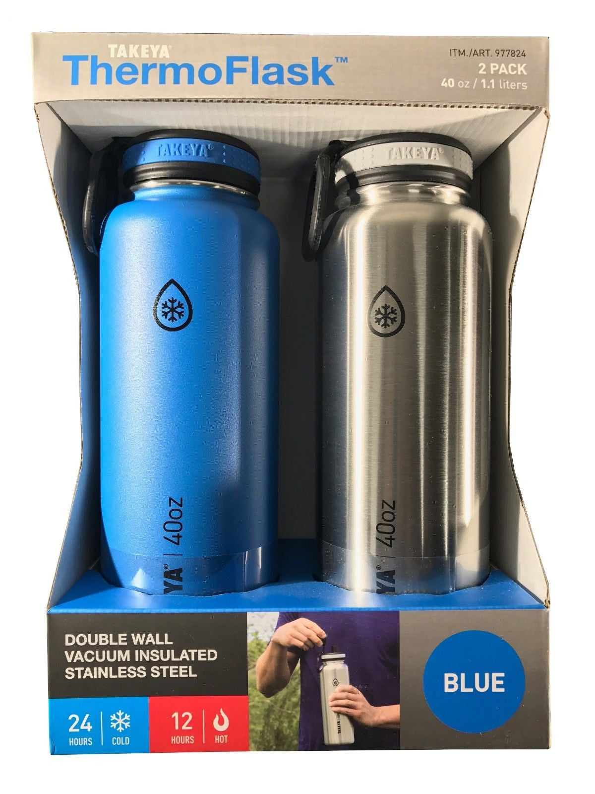 Takeya Thermo Flask Stainless Steel 40 Oz Water Bottles Silver Blue Gainmart Premium