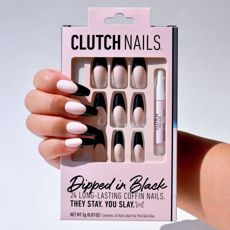 Black French Tip Press On Nails Dipped In Black Clutch Nails