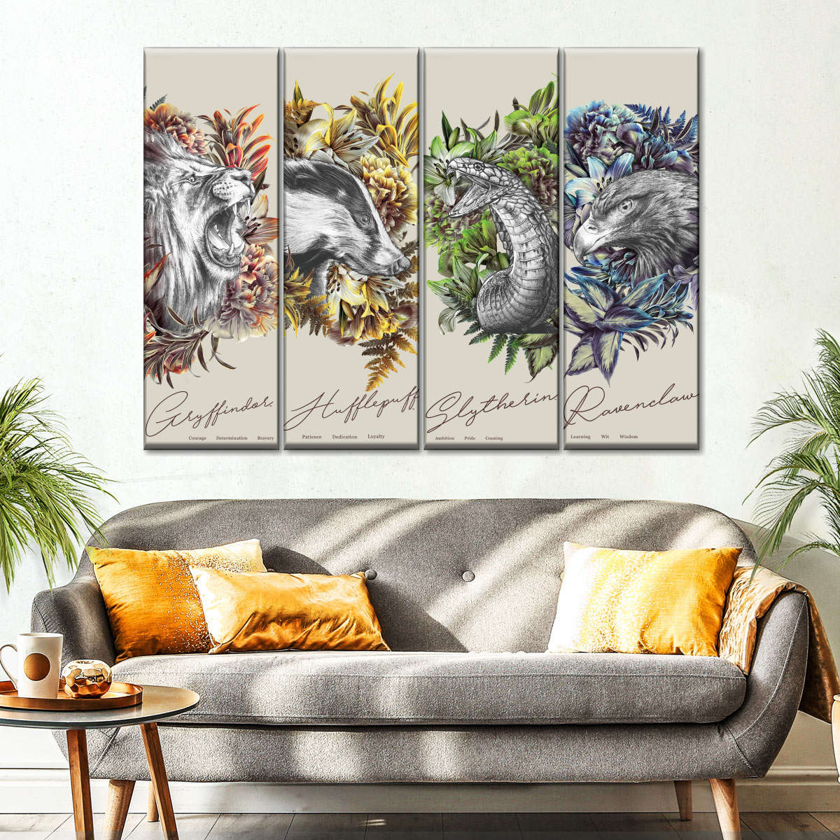Harry Potter Hogwarts Houses Floral Wall Art Drawing
