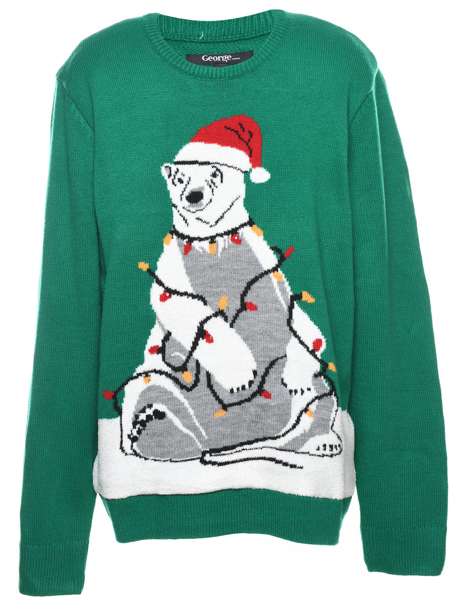 Unisex Animal Design Light Up Christmas Jumper Green L Beyond Retro E00884832