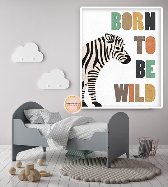 Zebra Born To Be Wild Wall Art Print Nursery Printable Navy Tan Sage B Pink Forest Cafe