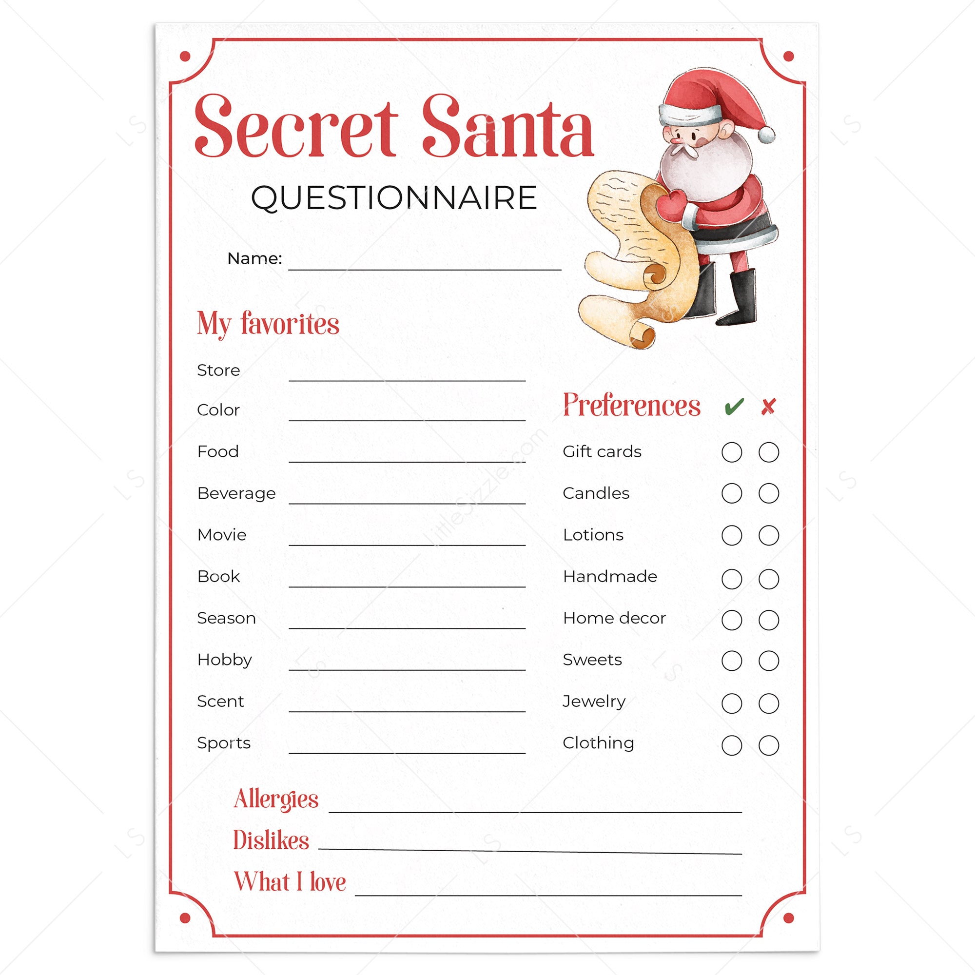 Secret Santa Questionnaire For Gift Exchange Printable Littlesizzle