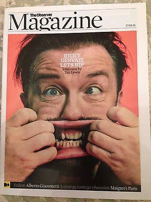 Uk Observer Magazine April 2016 Ricky Gervais Photo Cover Interview Yourcelebritymagazines