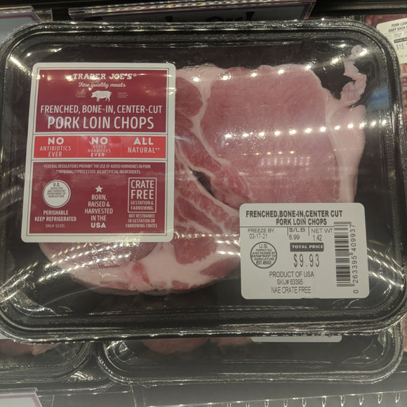 Trader Joe S Frenched Bone In Center Cut Pork Loin Chops Unprepared We Ll Get The Food