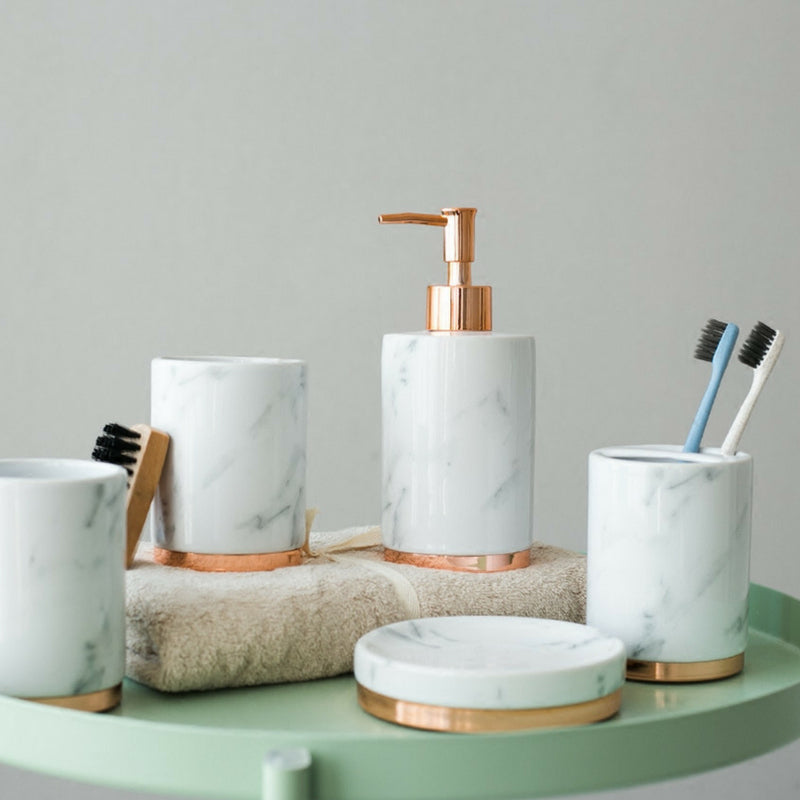 Dilas Home Rose Gold Copper Marble Bathroom Accessory Set Handwash Dispenser Soap Dish Toothbrush Holder Cup