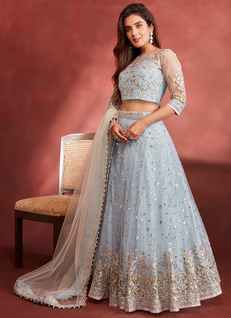 Dusty Blue Embroidered Net Lehenga