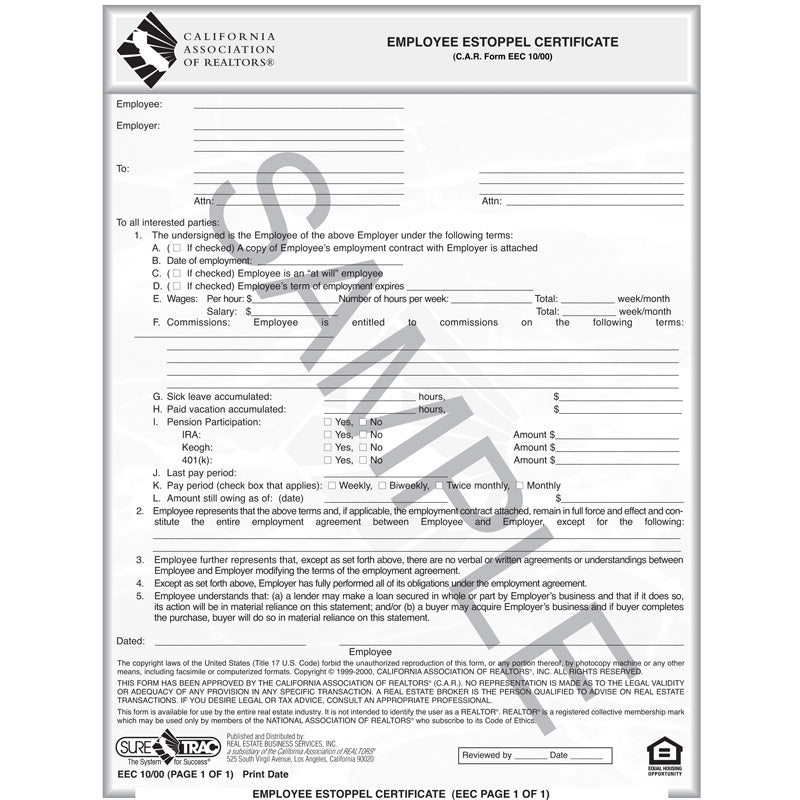 Eec Employee Estoppels Certificate C A R Business Products