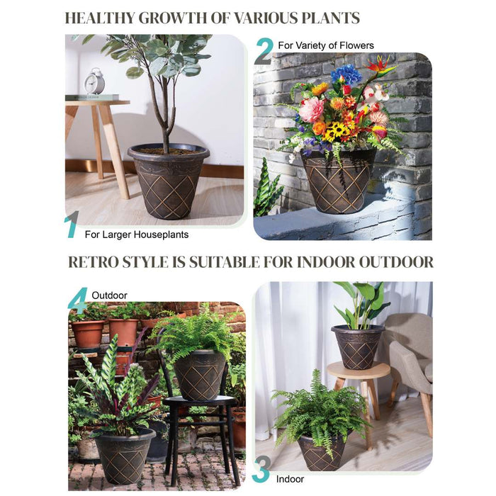 4 Pcs Retro Flower Pot Outdoor 13 7 Plastic Plant Pots Jofamy Large Flower Pots With Drainage Hole For Outdoor Indoor Plants Lightweight Large Planters Bronze Garden Planter Pots