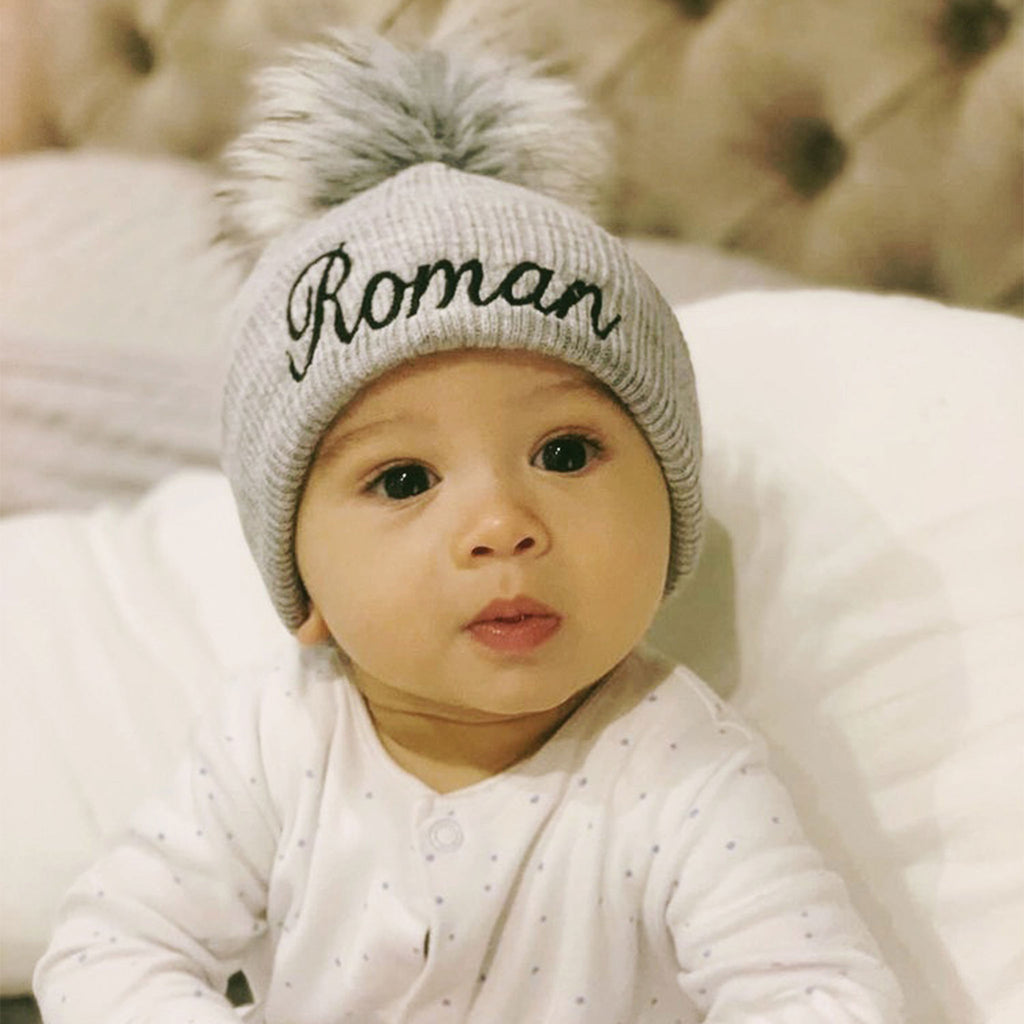 Personalised Baby Hat Grey Pom Pom Hat Lullaby Lane Baby Shop