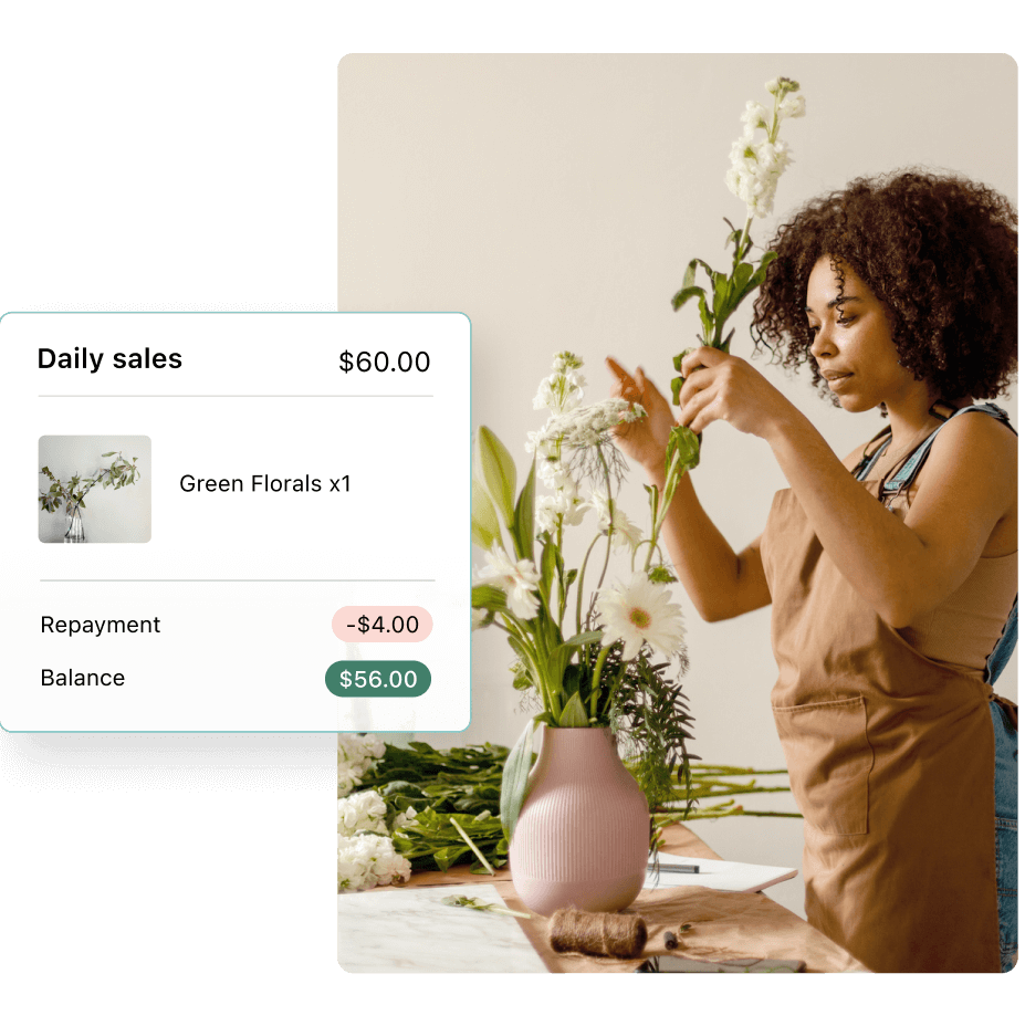 Business owner arranging flowers plus a view of a daily sales report.