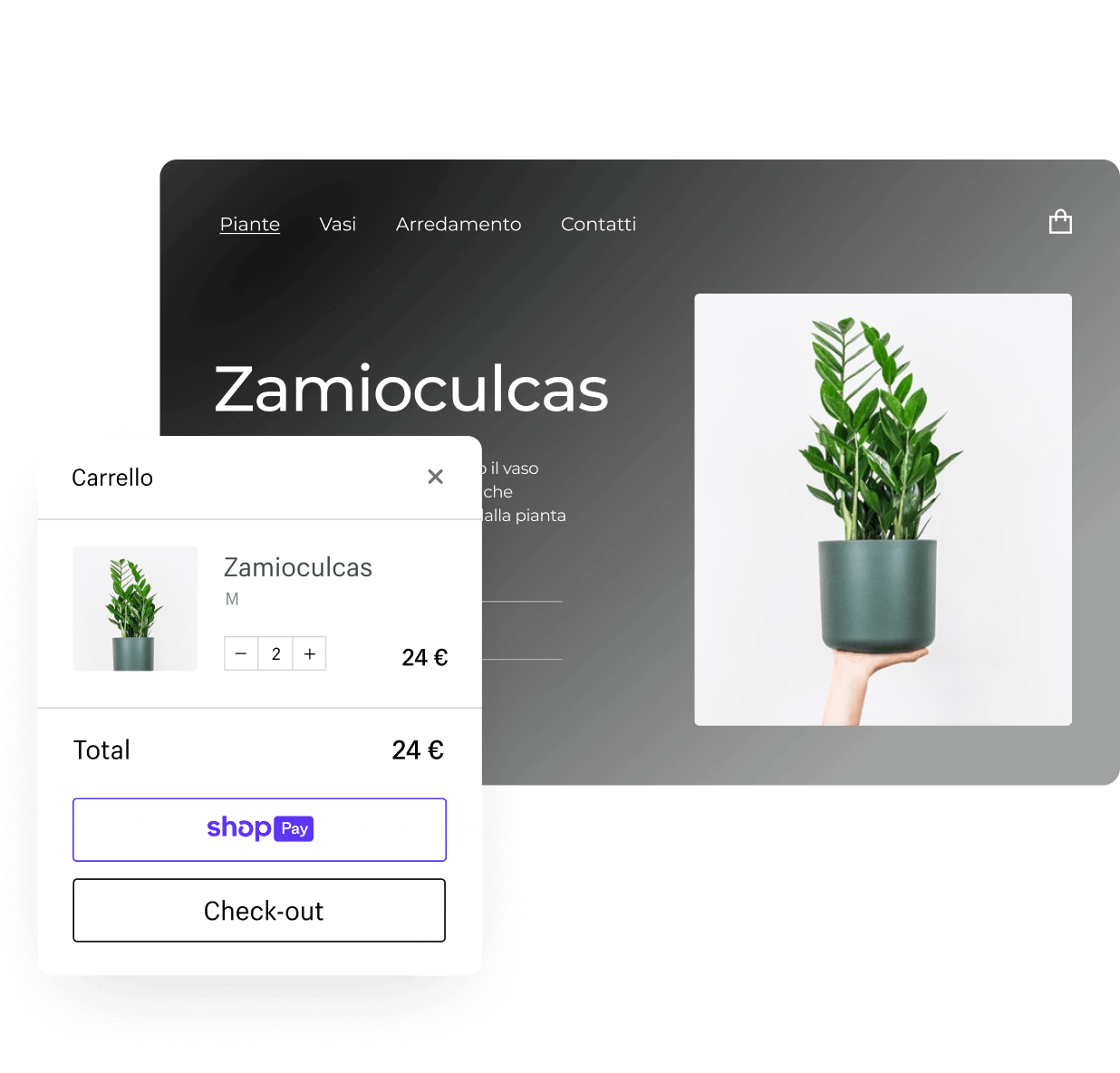 Una pianta in vendita in un negozio Shopify e nel carrello online.