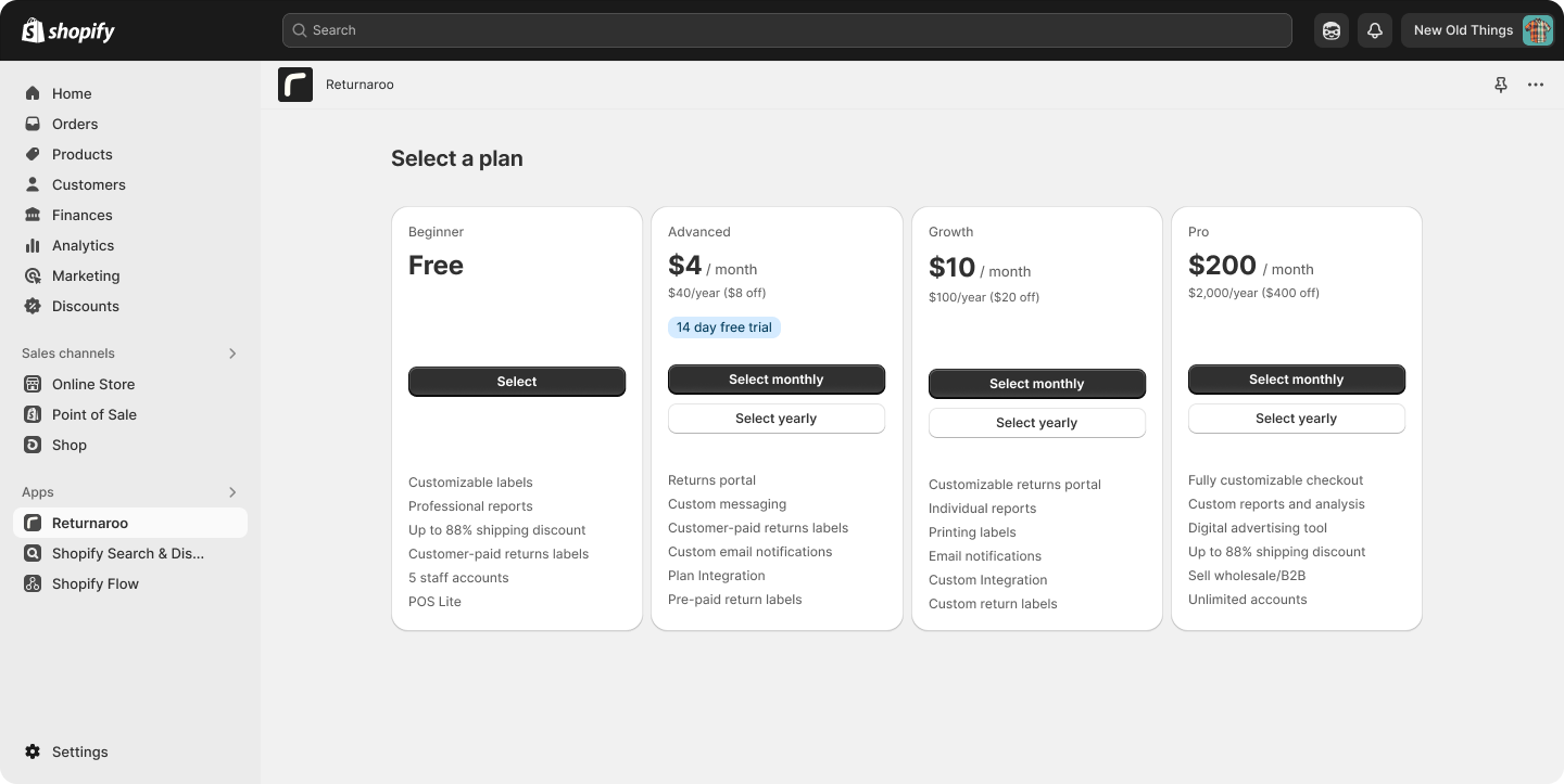 4 app pricing plans rendered in Shopify admin