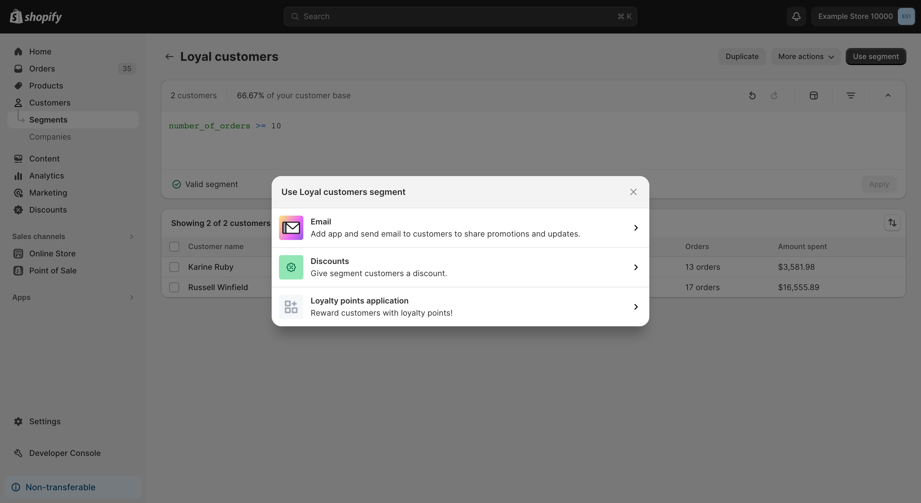 An image showing the **Use segment** modal with a customer segment action extension.