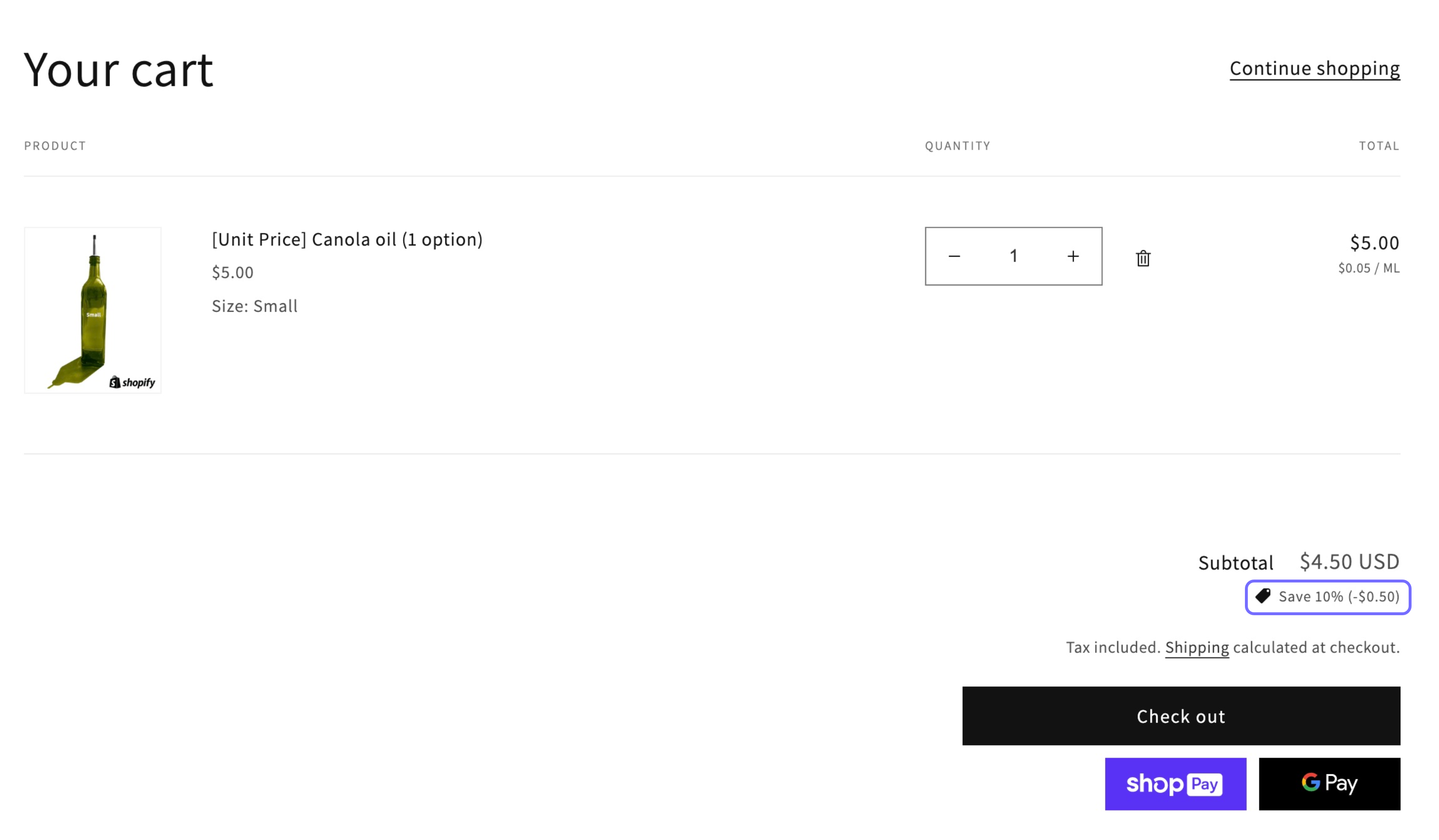 Cart page with a bottle of canola oil added to the cart. A 10% discount applies to the cart as a whole.