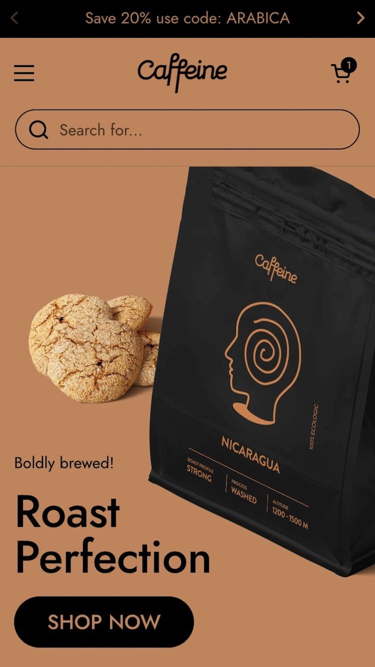 Pré-visualização móvel do tema Local no estilo "Caffeine"