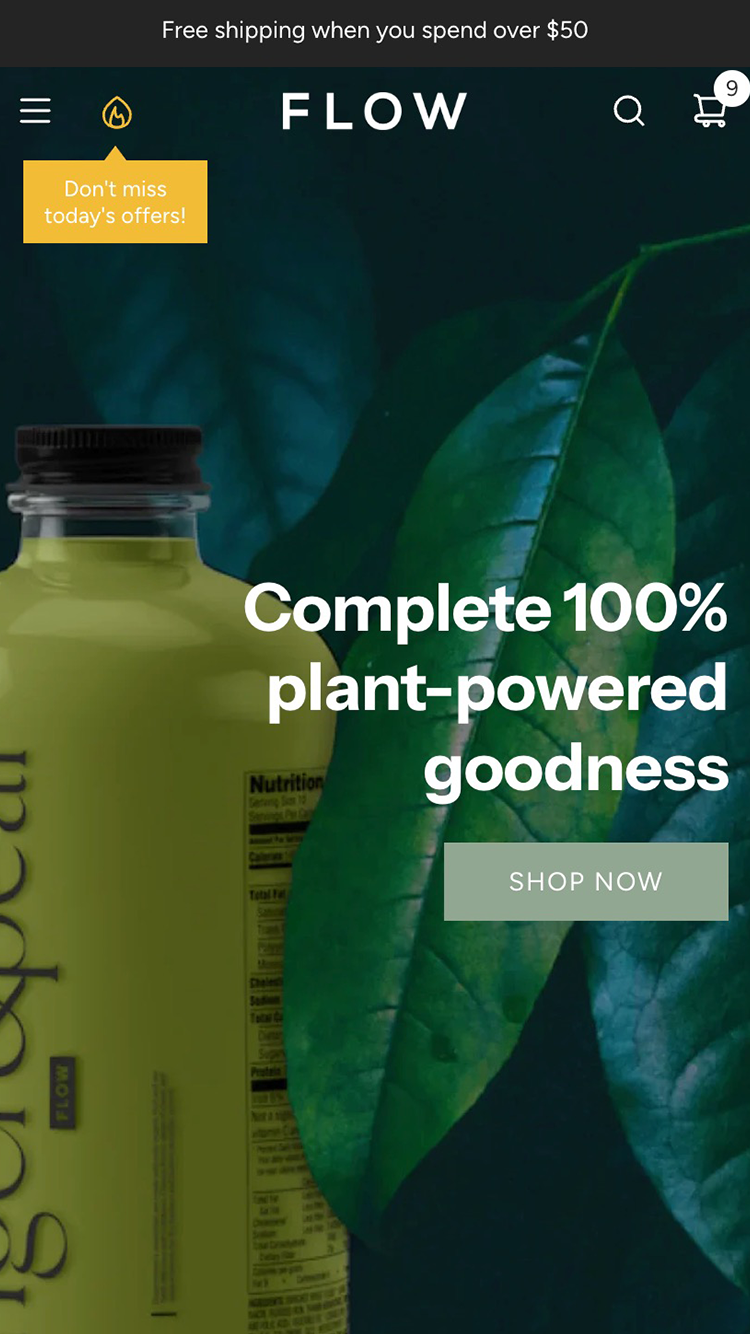 Pré-visualização móvel do tema Flow no estilo "Nourish"
