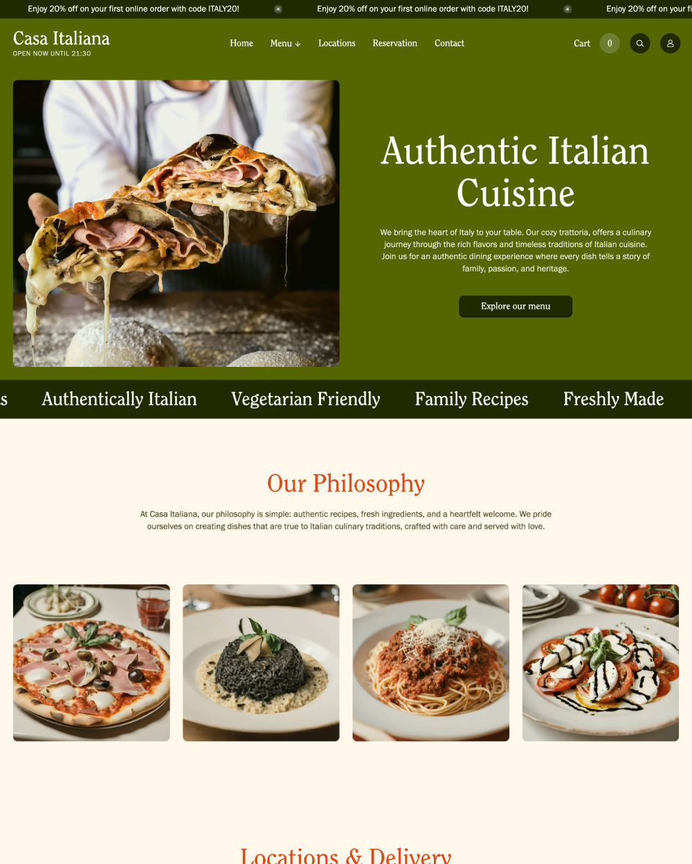 Desktop preview for Takeout in the "Olive" style