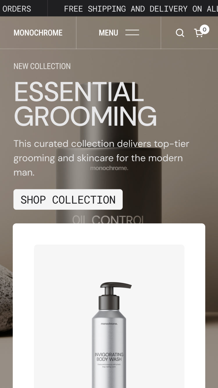 Pré-visualização móvel do tema Monochrome no estilo "Essential"