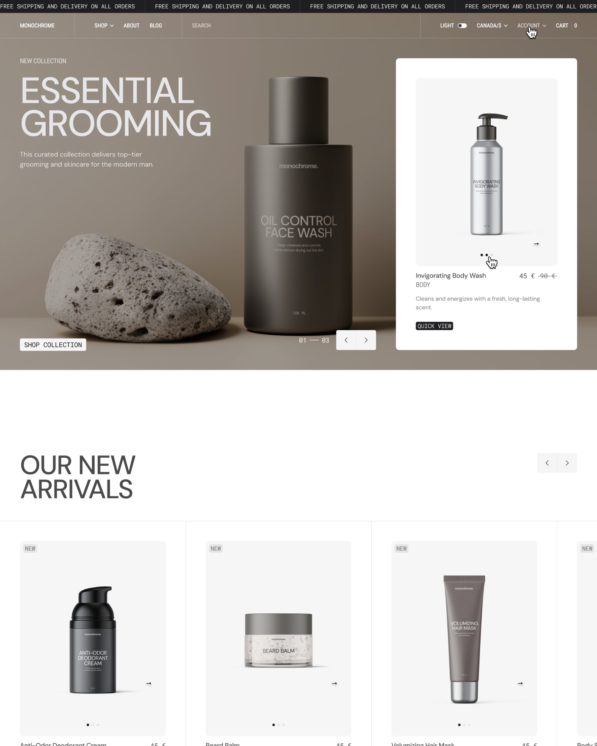 Pré-visualização da área de trabalho do tema Monochrome no estilo "Essential"