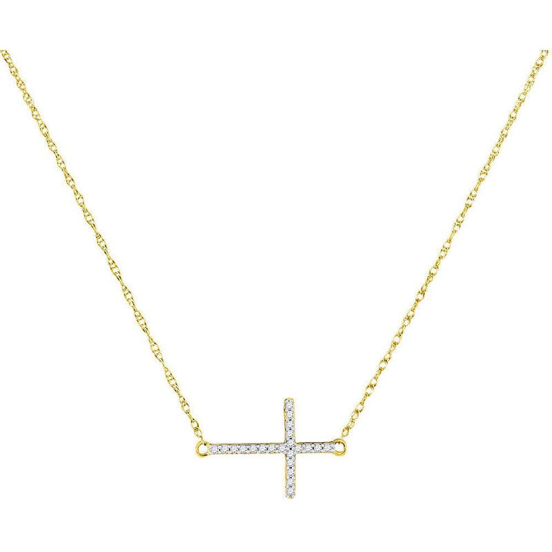 10k Yellow Gold Womens Round Diamond Sideways Horizontal Cross Pendant Jawa Jewelers