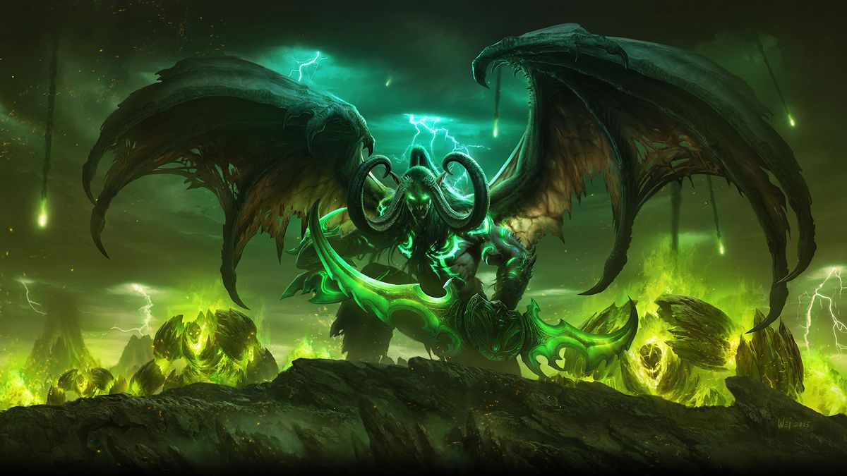 Illidan Stormrage — a Night Elf/Demon hybrid with giant bat wings and horns — poses on a green rock with his warglaives in the box art for the World of Warcraft: Legion expansion